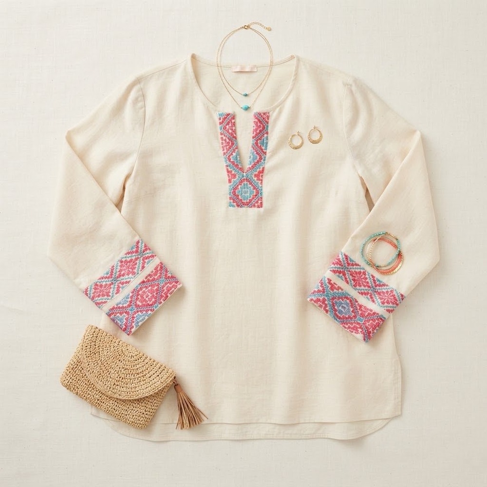 Tory Burch Linen Tunic Women 12 Cream Embroidered Split Neck Boho Coastal Resort